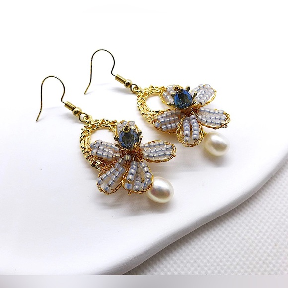 Brass Wire Wrapped Beads & Freshwater Pearl Chandelier Flower Earrings - Picture 4 of 7